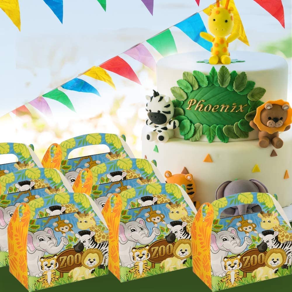 Zoo Animal Treat Boxes for Candy, Cookies and Party Favors - Pack of 12 Cookie Boxes, Cute Cardboard Boxes with Handles for Jungle Themed Birthday Party Favors, Holiday Goodies
