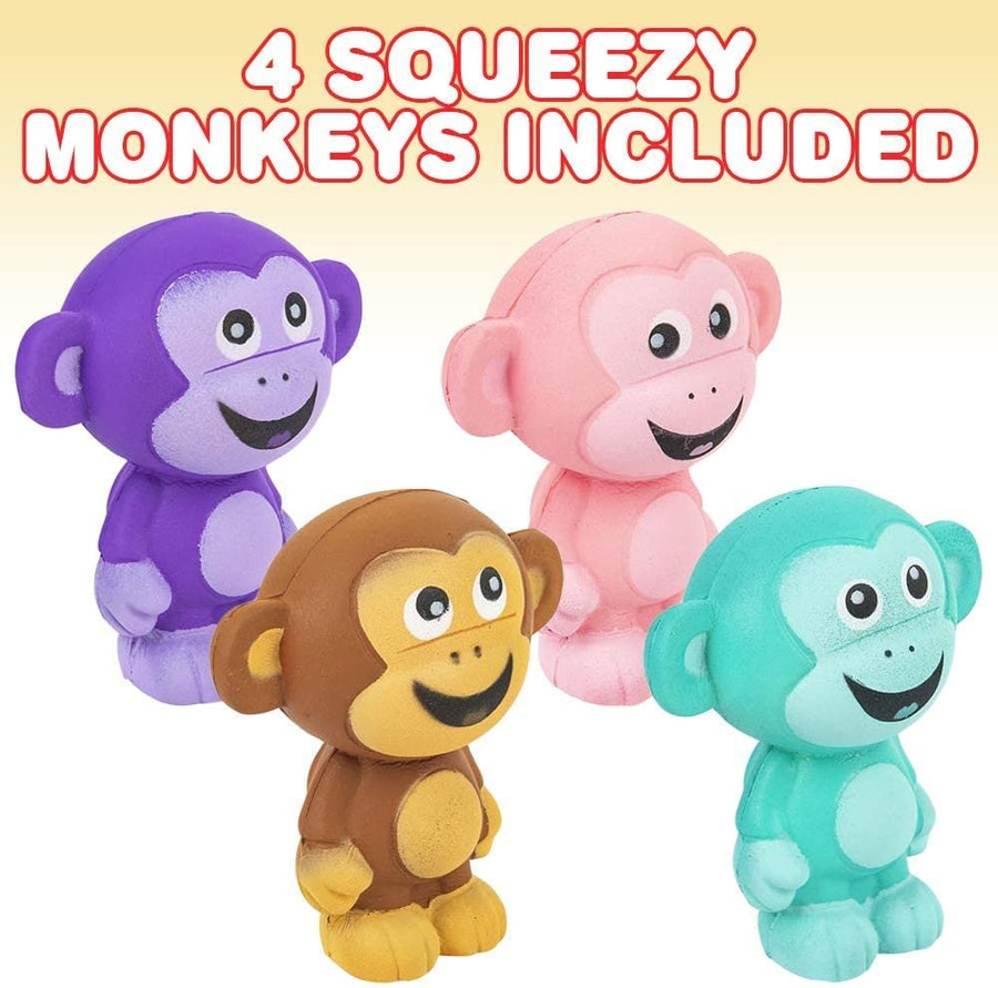 Squish Monkey, Set of 4, Scented Slow Rising Stress Relief Toys for Kids, Squeezable Monkey Birthday Party Favors and Goodie Bag Fillers, 4 Cute Colors