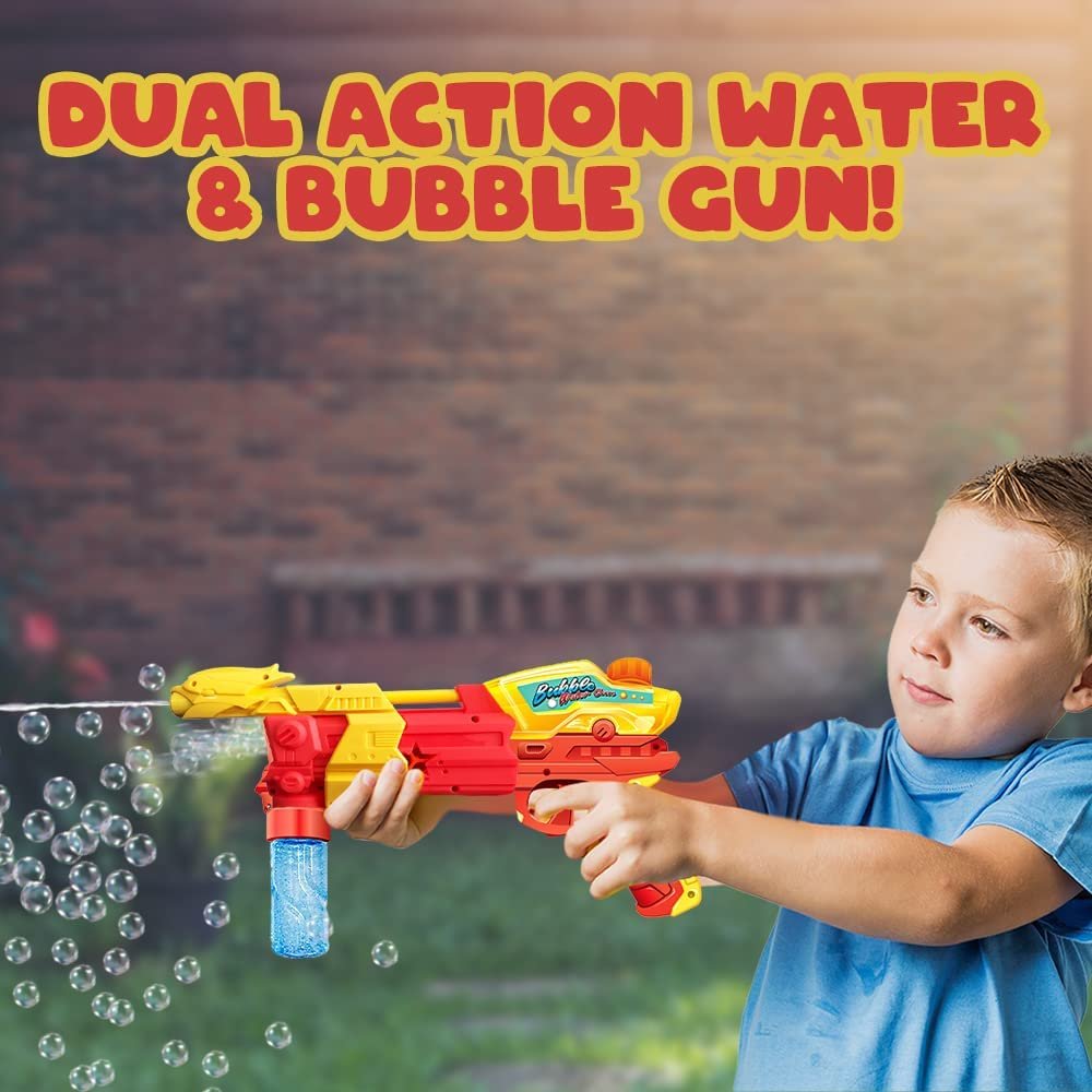 2 in 1 Water and Bubble Gun, Dual-Function Water Squirt Gun with Bubble Fluid, Friction Powered Bubble Machine Gun, Summer Toys for Kids, Great Gift for Boys and Girls