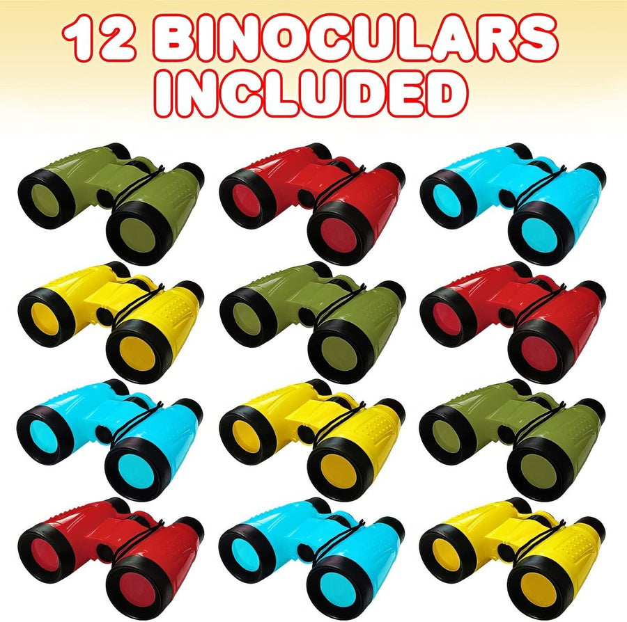 Kids Binoculars with Neck String, Set of 12 Kidnoculars in Assorted Colors, Real Binoculars for Bird Watching, Gifts for Outdoorsy Kids, Camping Party Favors for Toddler, Boys, Girls