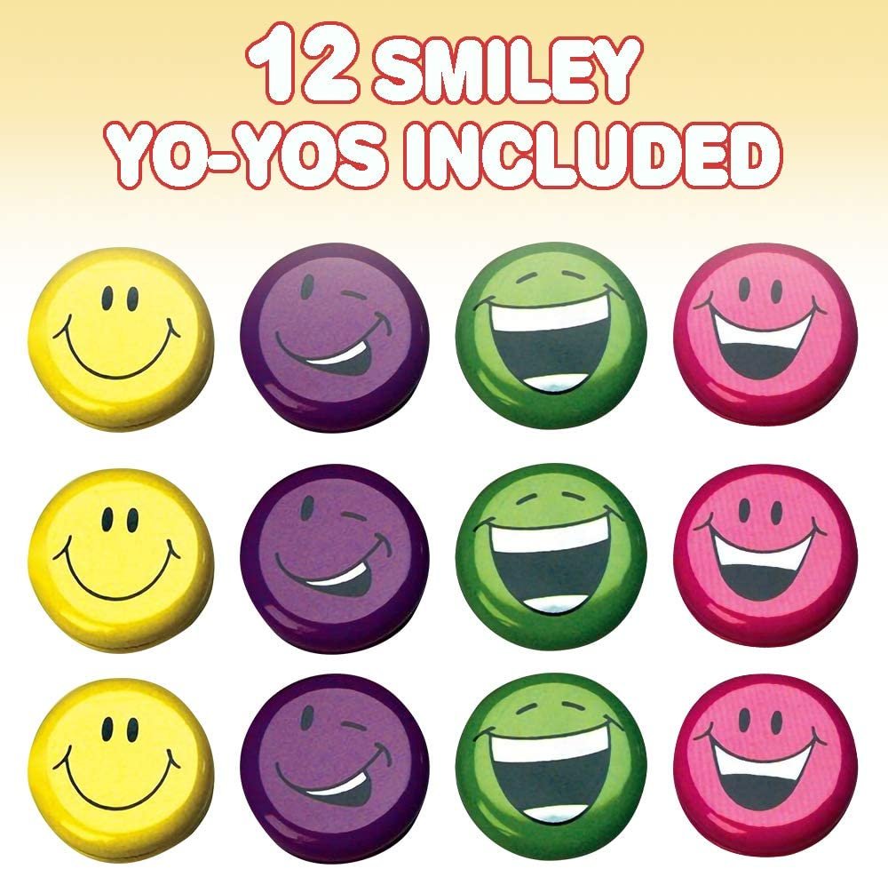 Smile Face Yoyos for Kids, Pack of 12, Emoji Yo-Yo Toys in Assorted Designs, Emoji Birthday Party Favors, Goodie Bag Fillers, Holiday Stocking Stuffers, Classroom Prizes