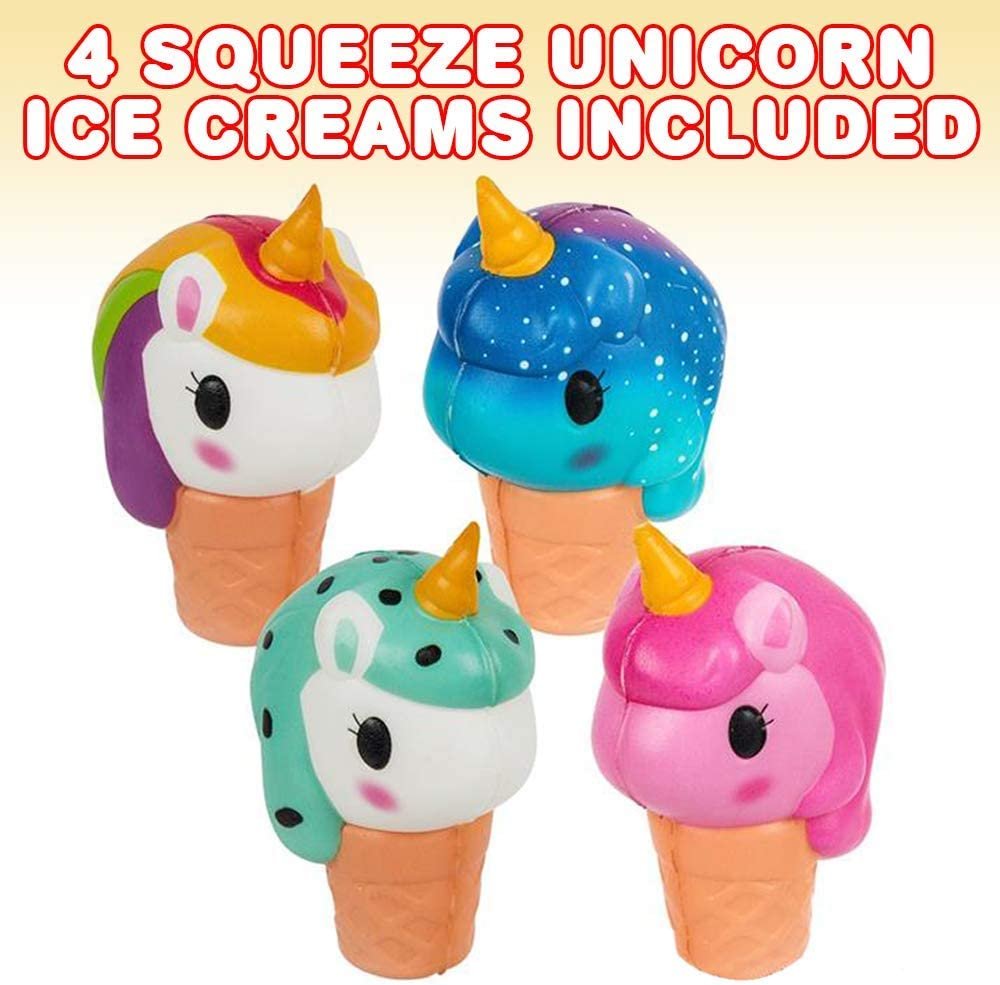 Squish Unicorn Ice Cream Toys for Kids, Set of 4, Super Soft Slow Rising Squeeze Toys, Stress Relief Sensory Toys, Best Unicorn Party Favors, Goody Bag Fillers for Girls and Boys