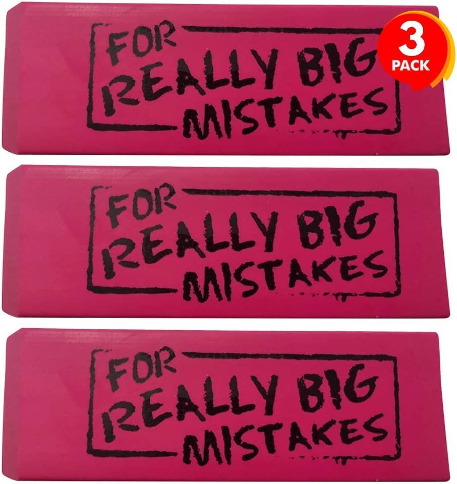 Pink Mistake Erasers for Kids, Pack of 3, Really Big Wedge Erasers, 5.5" Giant Pencil Rubber, Cool Back to School Stationery Supplies for Boys and Girls, Joke Gag Gifts for Adults