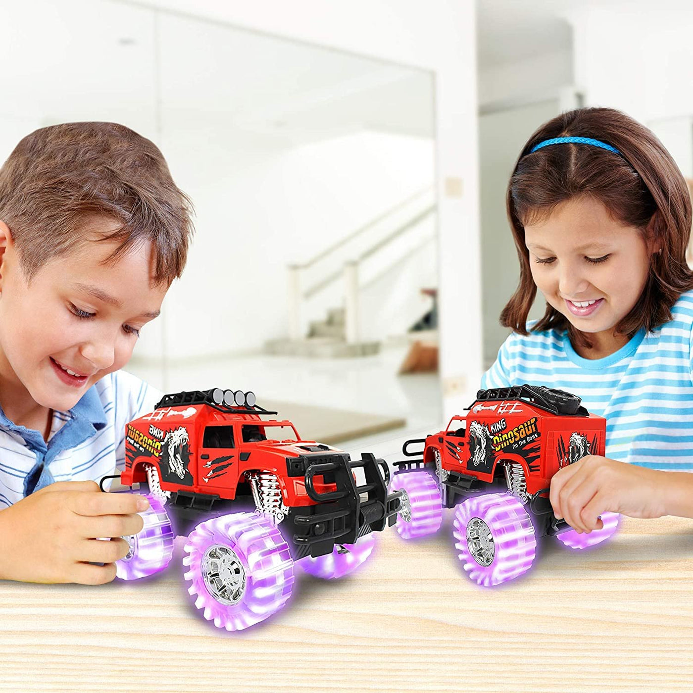 ArtCreativity Light Up Red Monster Trucks - 11 Inch Monster Truck with Beautiful Flashing LED Tires and Cool Music - Push n Go Toy Cars - Best Gift for Boys & Girls Ages 3+