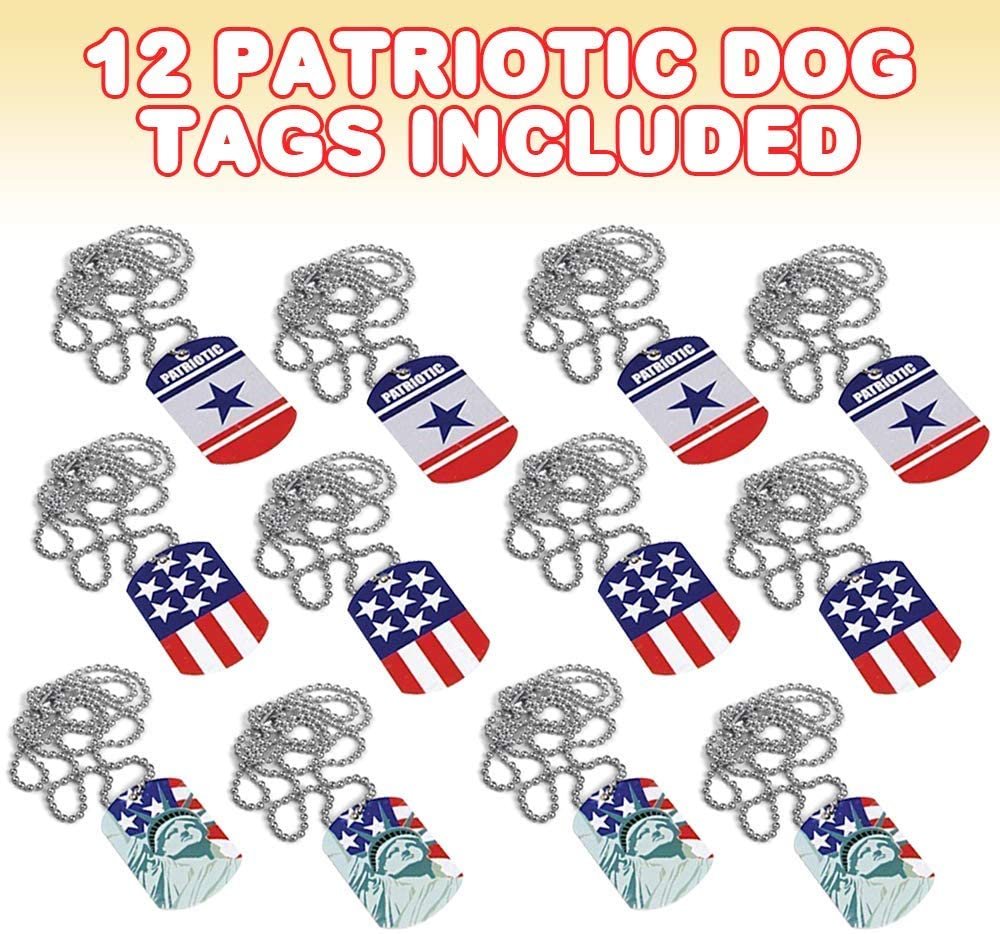 Patriotic Dog Tags, Pack of 12, Fourth of July Party Favors, Red, White, and Blue Patriotic Necklaces, American Flag Accessories for Kids and Adults, 3 Different Designs