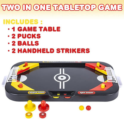 Gamie 2 in 1 Sports Tabletop Game for Kids, Soccer and Hockey Table Game for Indoor Fun, Includes Pucks, Balls, and Strikers, Fits on Table or Floor for Hours of Action-Packed Play