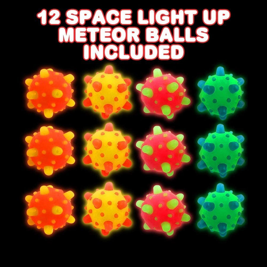 Space Light Up Meteor Balls for Kids, Set of 12, Flashing LED Balls with Sensory Rubbery Spikes, Galaxy and Space Birthday Party Favors, Pinata Fillers, Fun Assorted Colors
