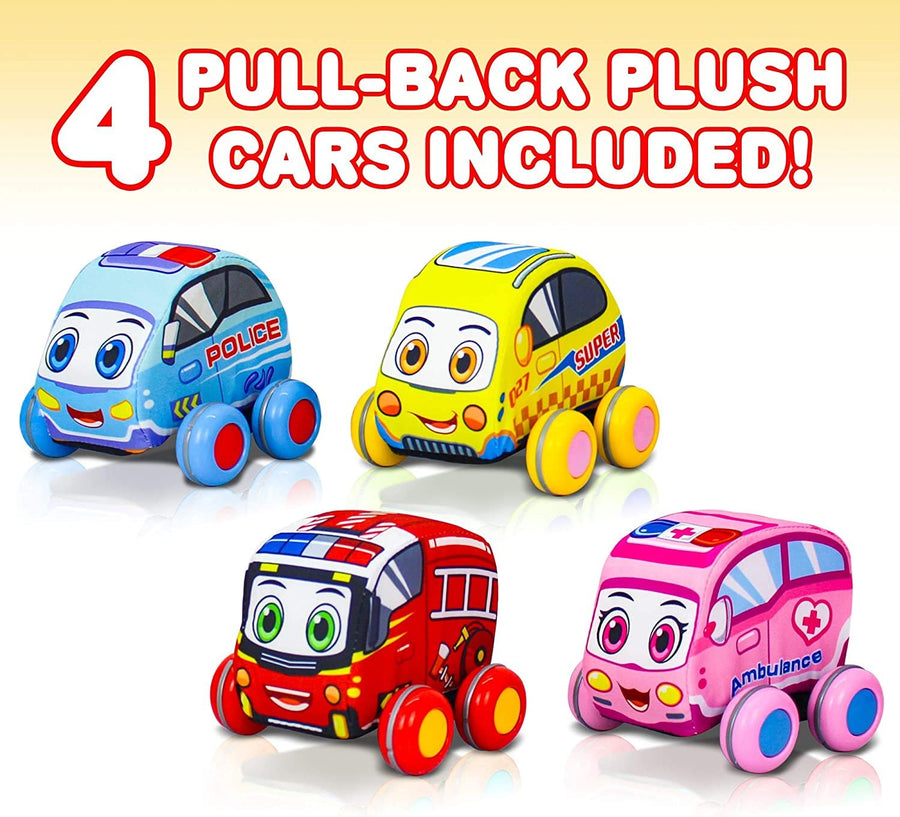 Pullback Plush Car Set, Set of 4, Soft-Sided Stuffed Cars with Pullback Mechanism, Cute and Colorful for Babies and Toddlers, Best Birthday Gift for Little Boys and Girls