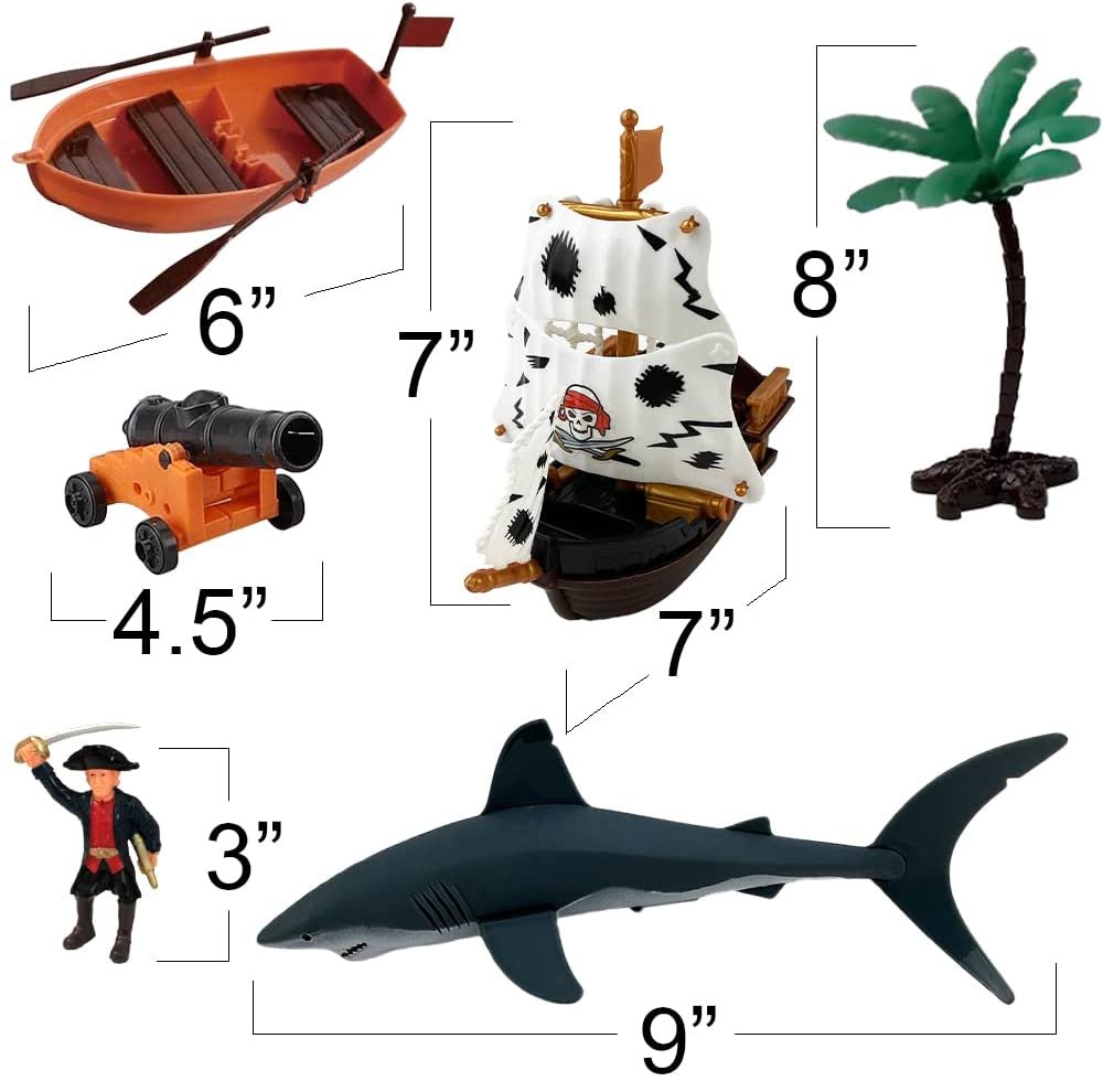 Pirate Action Figure Playset, Pirate Play Set with Action Figurines, Pirate Ship Toy, Boat, Shark, Treasure Chests, Storage Box, & More, Pirate Party Decorations, Cake Toppers, & Gifts