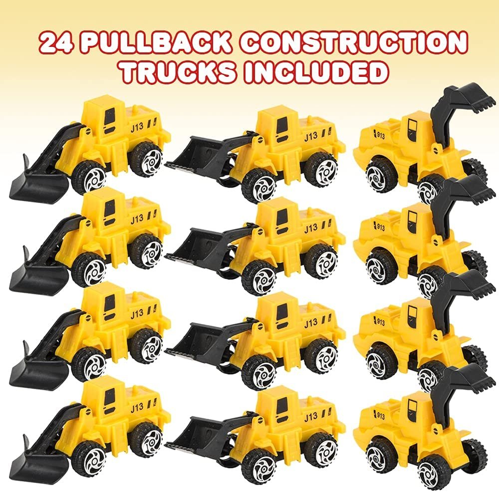 Mini Pullback Construction Trucks, Set of 24, Fun Action Vehicles with Pull Back Mechanism, Birthday Party Favors for Boys and Girls, Goodie Bag Fillers