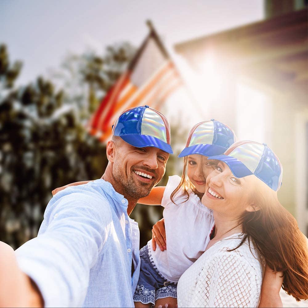 Iridescent Patriotic Baseball Cap for-Adults and Kids, 4th of July Hat with Red, White, and Blue Metallic Colors, Patriotic Party Supplies-Costume Accessories