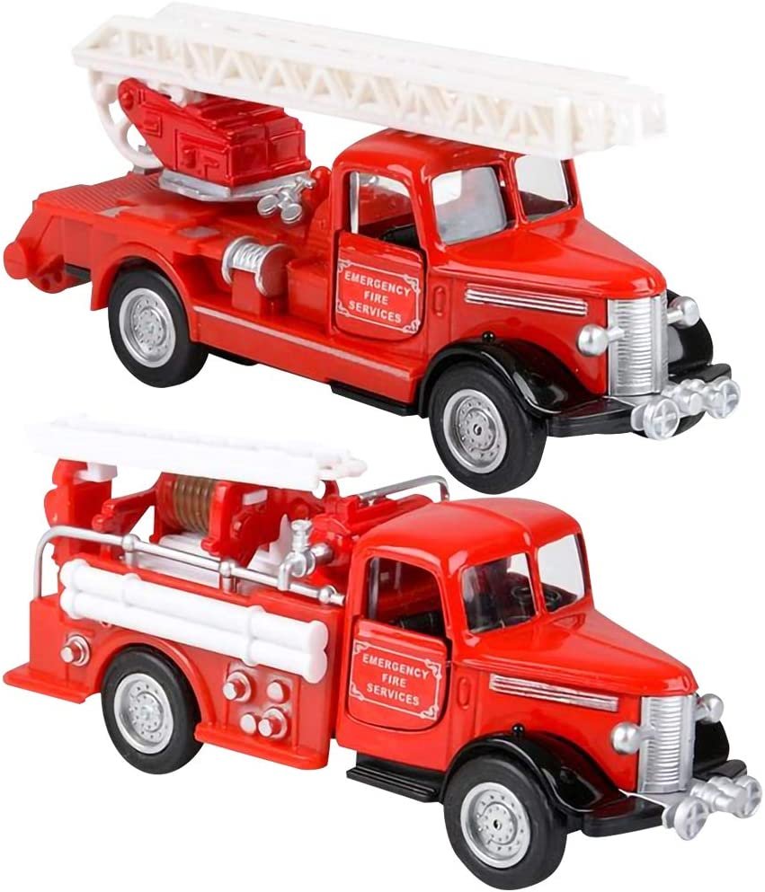 ArtCreativity-Diecast-Classic Fire Trucks, Set of 2, Includes Ladder Truck and Fire Engine-Diecast-Fire Truck-Playset-with Pullback Mechanism, Great Gift Idea for Boys and Girls