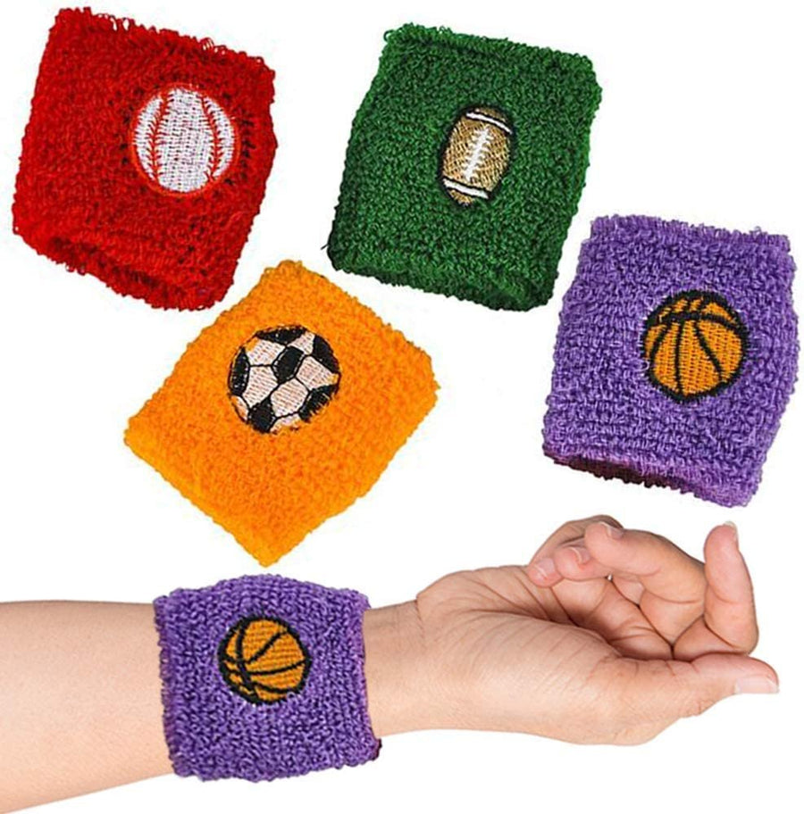 Sports Ball Wrist Sweatbands, Set of 12 Sporty Wristbands in Assorted Colors with Soccer, Basketball, Baseball, & Football Designs, Sports Themed Party Favors, Goodie Bag Filler for Kids