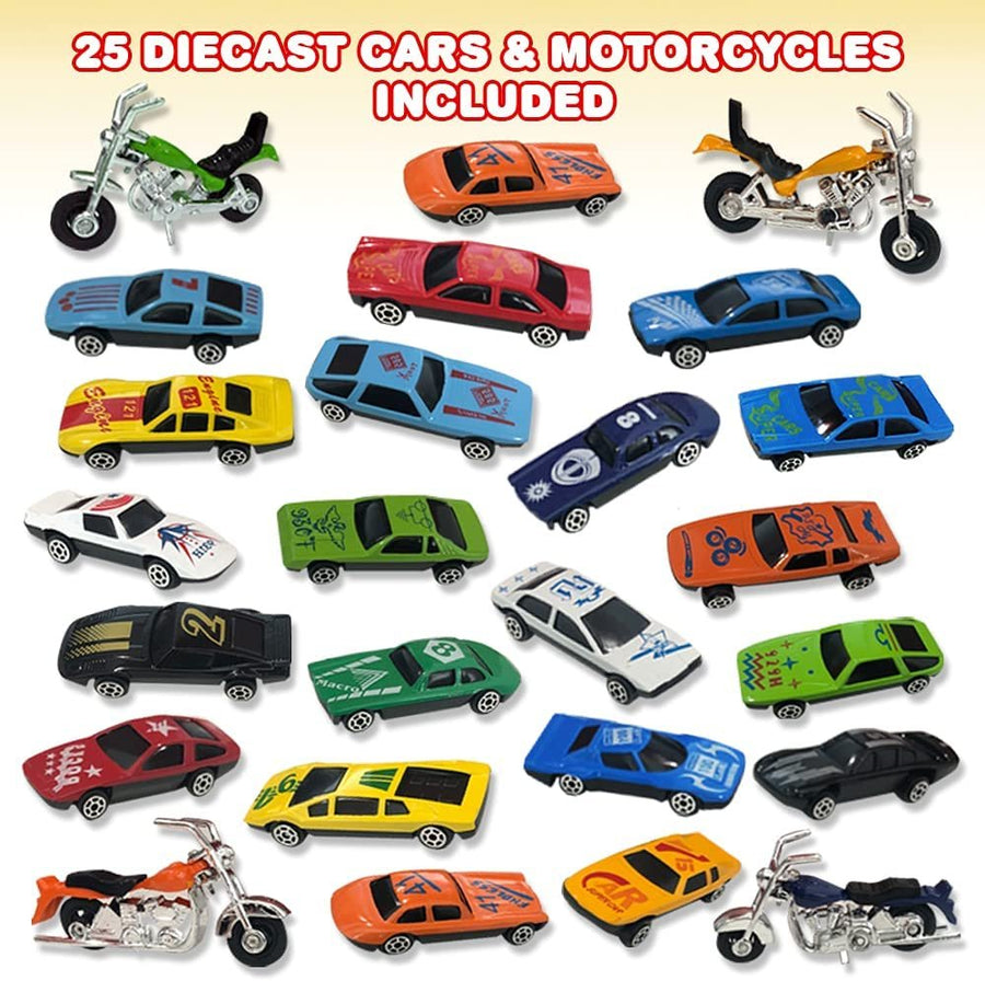 Diecast Car and Motorcycle Toys, Set of 25, Cool Motorbike and Car Toys for Kids in Window Box, Fun Pretend Play Toys for Boys and Girls, Idea, Car Party Favors