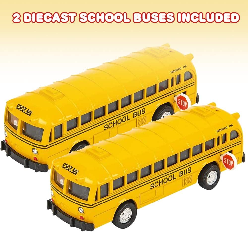 5" Pull Back School Bus Playset, Set of 2 Classic School Buses, Diecast Bus Toy Set with Pull Back Mechanisms, Great Party Favors, Gift Idea for Boys and Girls