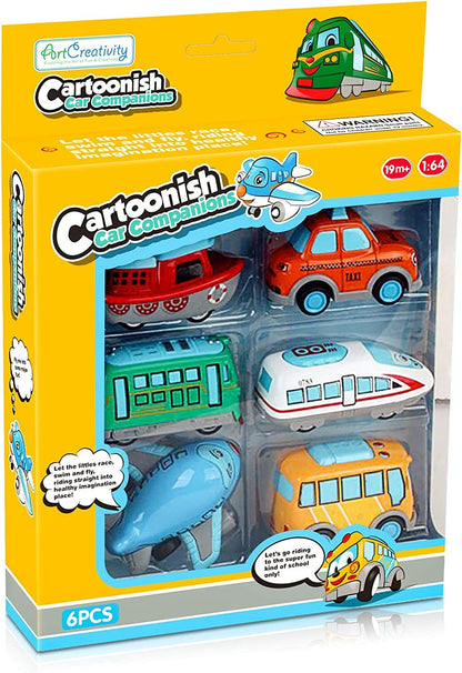 ArtCreativity Metal Cartoon Car Set - Set of 6 Mini Pullback Toy Cars - Pullback Train, Bus, Taxi, Tram, Plane and Ship - Party Favors, Best Birthday Gift for Boys, Girls, Toddlers
