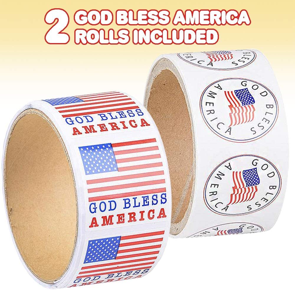 USA American Flag Patriotic Stickers, 2 Rolls with 200 God Bless America Stickers Total, Red White and Blue Decorations for 4th of July, Memorial, Veteran’s, and US Flag Day