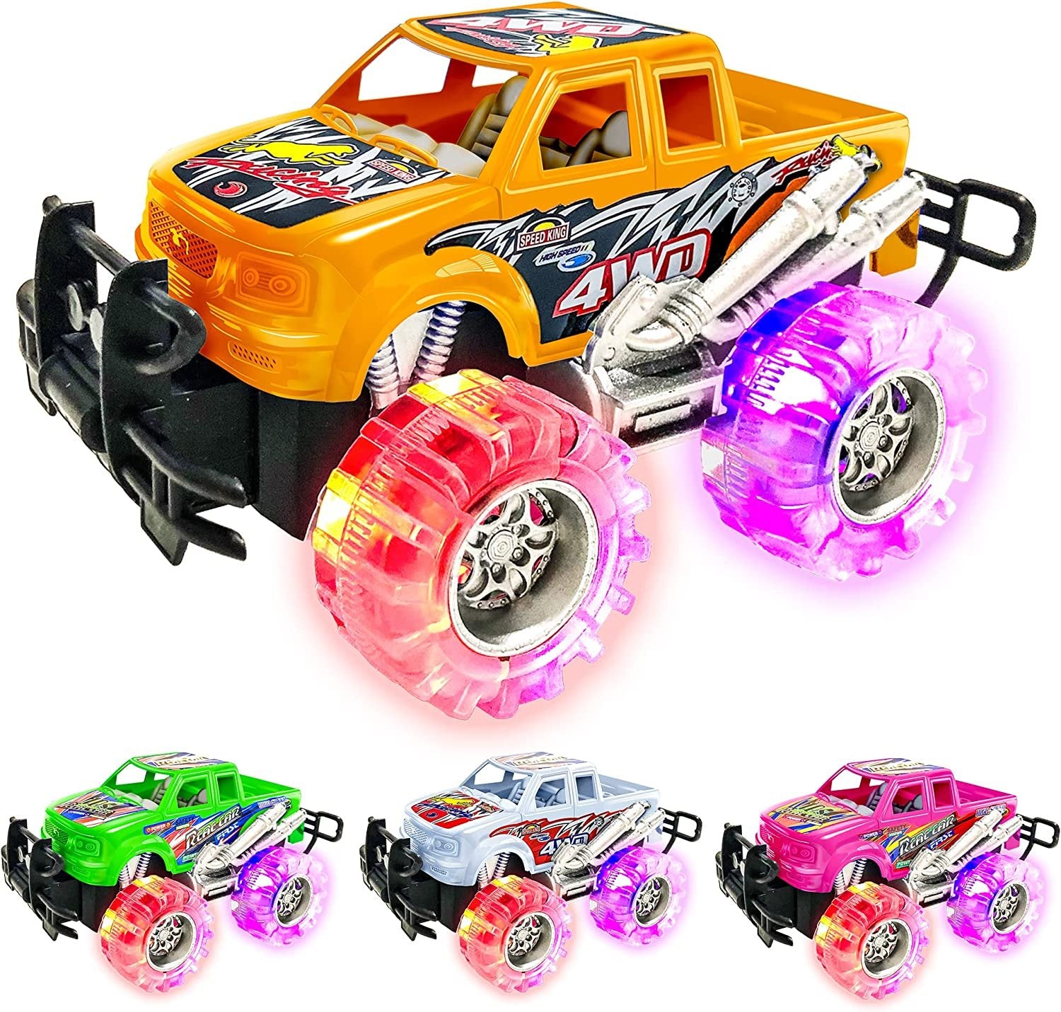 Light Up Monster Trucks (4 Pcs) - 6" Push 'n Go Monster Toy Cars For Kids