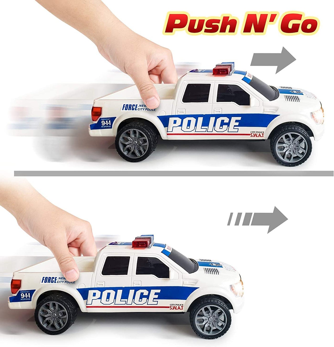 Police Car Pickup Truck with LED Headlights and Sirens, Light-Up Push and Go Police Car Toy, Police Monster Trucks, Toy Trucks for Kids, Toddler Boy, Toy Cars for 2 Year Old Boys