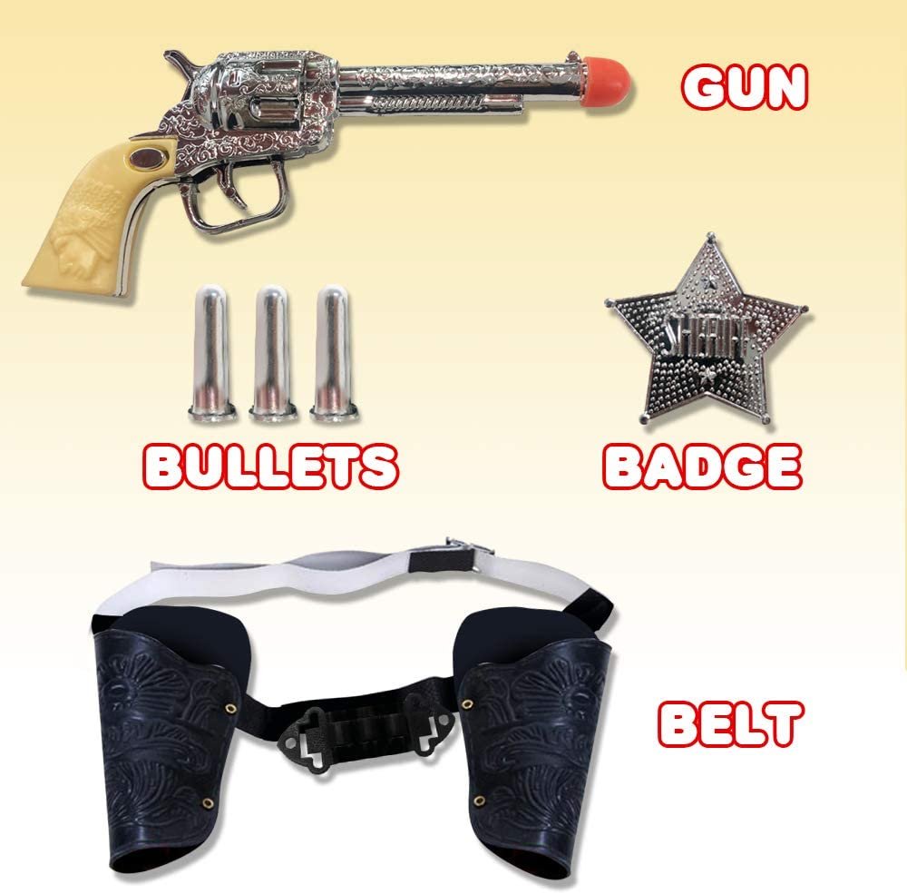 Old Western Action Belt Set for Kids with 2 Toy Pistols, Sheriff Badge, Gun Holsters, and 3 Play Bullets, Adjustable Cowboy Belt Dress-Up Accessories for Woody, Sheriff, Cowboy Costume