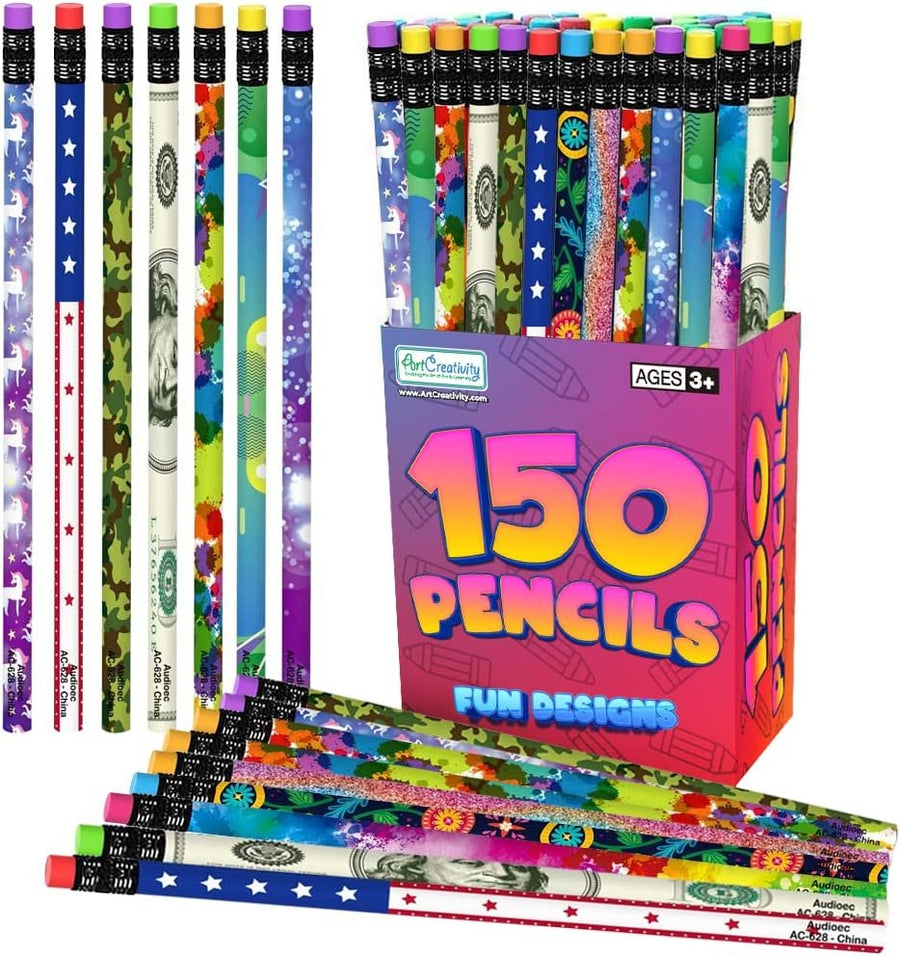 150 PC Pencil Assortment for Kids, Fun Assorted Number 2 Pencils, Bulk Wooden Writing Pencils with Erasers, Teacher Supplies for Classroom, Student Reward, Stationery Party Favors