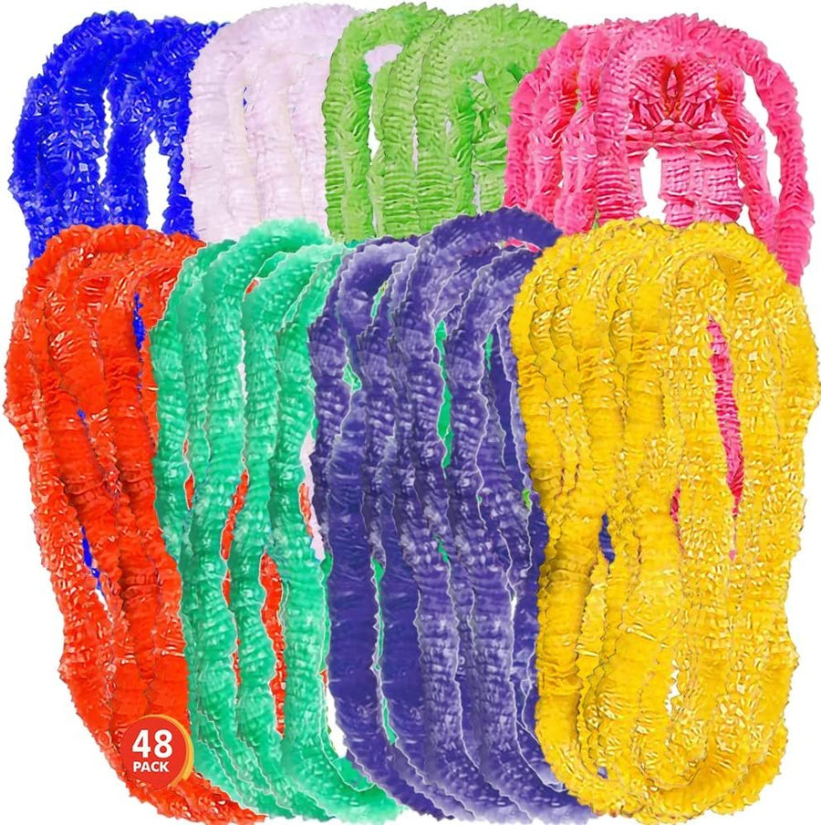 Plastic Hawaiian Leis, Set of 48, Luau Party Supplies and Decorations, Hawaii Tropical Floral Necklaces in Assorted Colors, Hawaiian Party Favors, Fun Baby Shower Supplies
