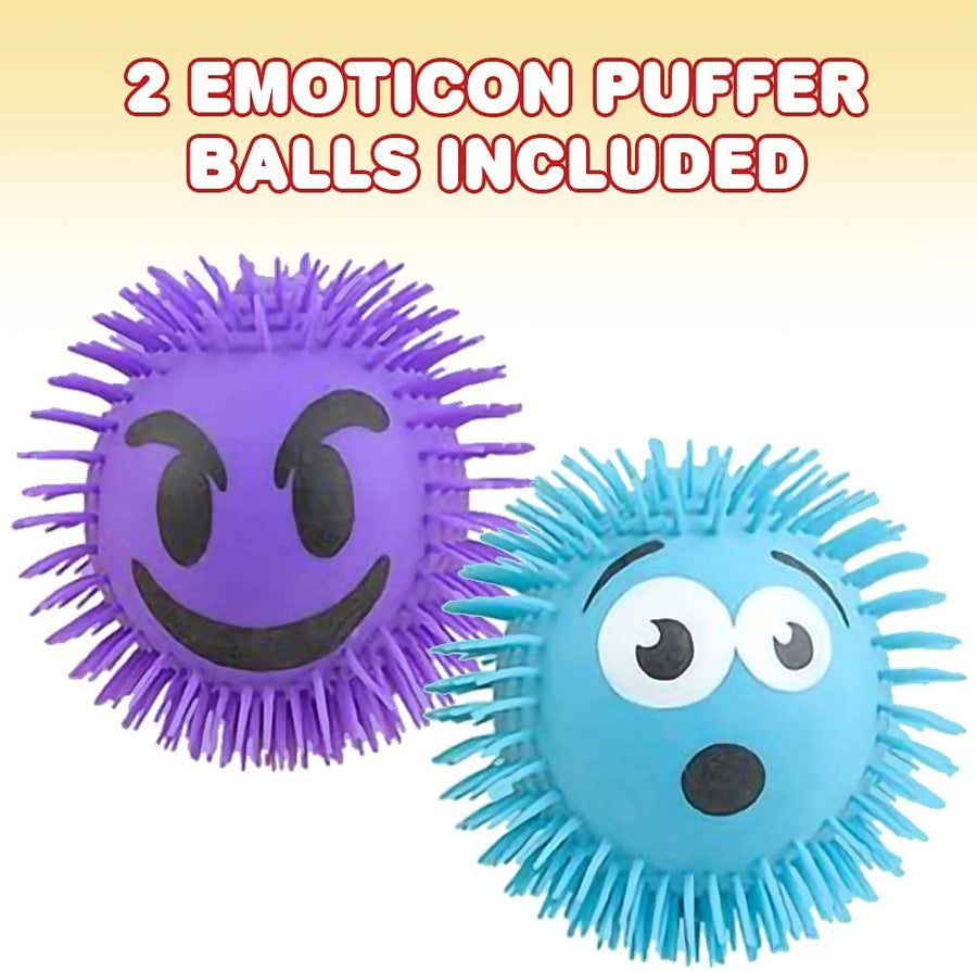 Emoticon Puffer Ball, Set of 2, Fidget Toys for Kids and Adults with Stretchy Rubber Bristles, Calming Stress Relief Toys for Sensory Play, Loop for Hanging or Display, 7.5"es