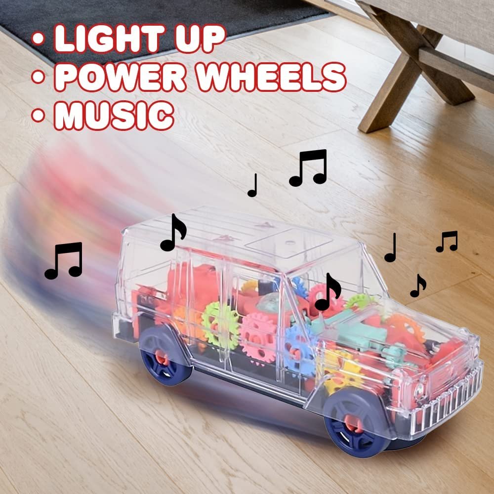 Light Up Transparent SUV for Kids, 1PC, Bump and Go Toy Car with Colorful Moving Gears, Music, and LED Effects, Fun Educational Toy for Kids, Great Birthday Gift Idea