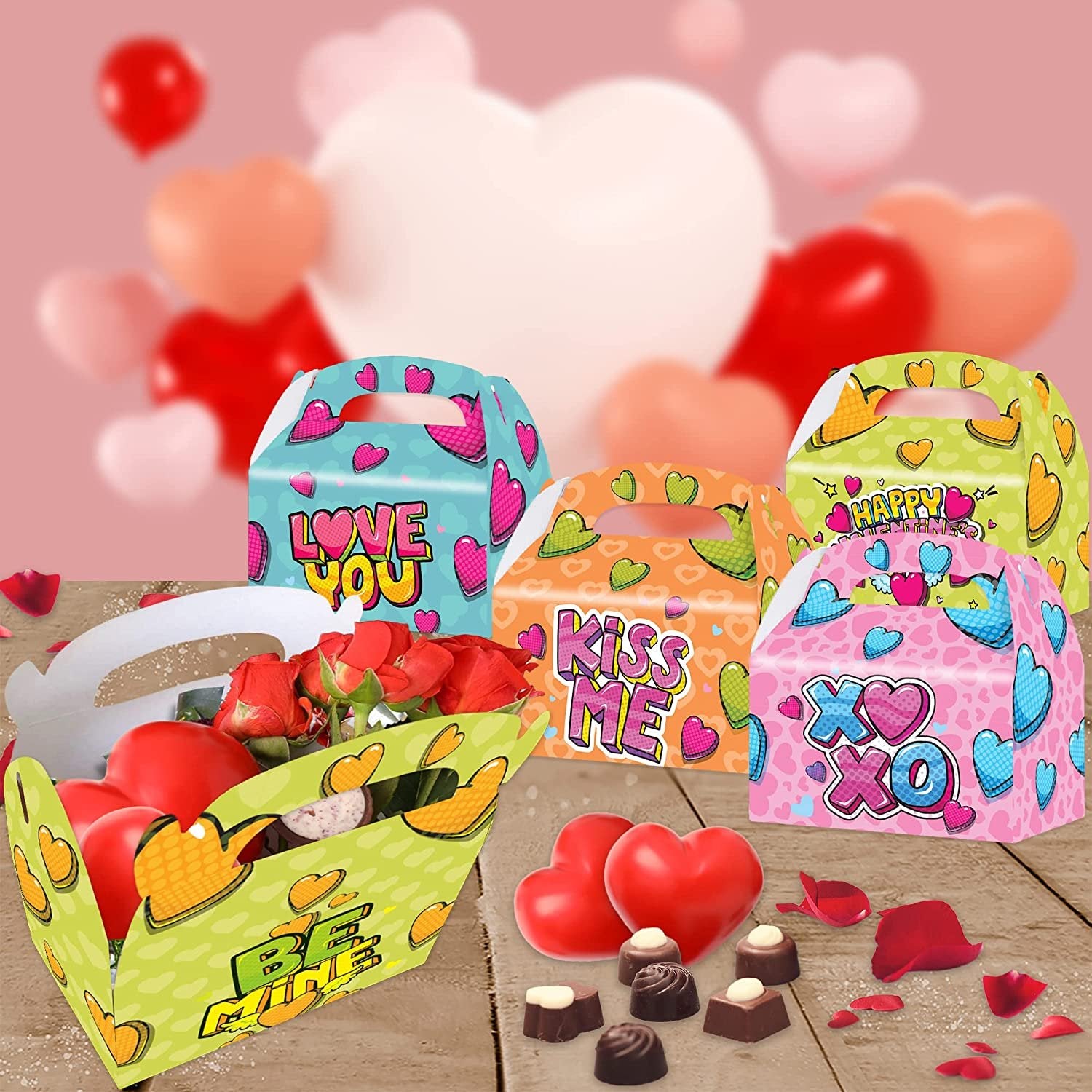 Valentines Day Treat Boxes, Set of 12 Cardboard Candy Boxes with Carry Handles
