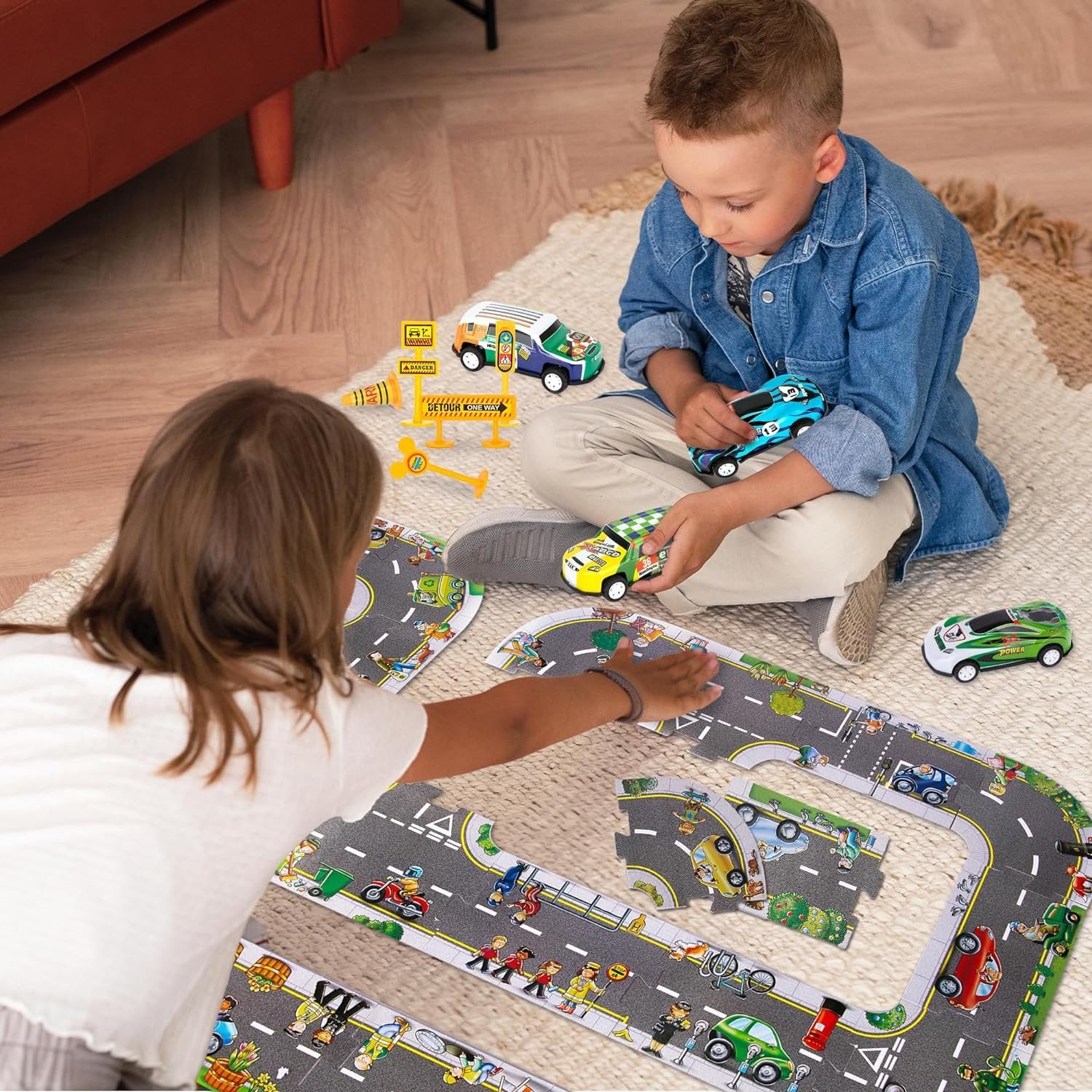Puzzle Track Car Play Set for Kids - 29 Piece Set with 4 Floor Puzzle Cars, 5 Traffic Accessories, and 20 Cardboard Puzzle Pieces - Toddler Floor Puzzle Tracks with Vehicles