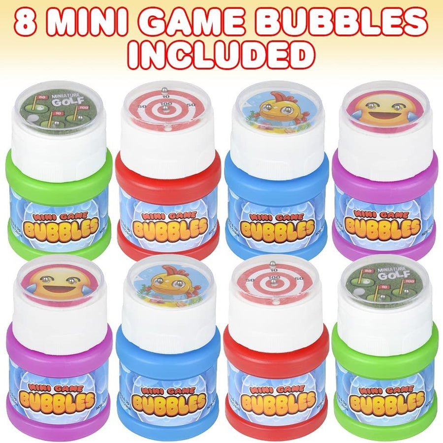 Mini Game Bubble Bottles , Set of 8, Kids Bubble Toys with Mini Game on Cap and Wand Inside, Bubble Maker Bottles for Indoor and Outdoor Play, Goodie Bag Fillers and Stocking Stuffers