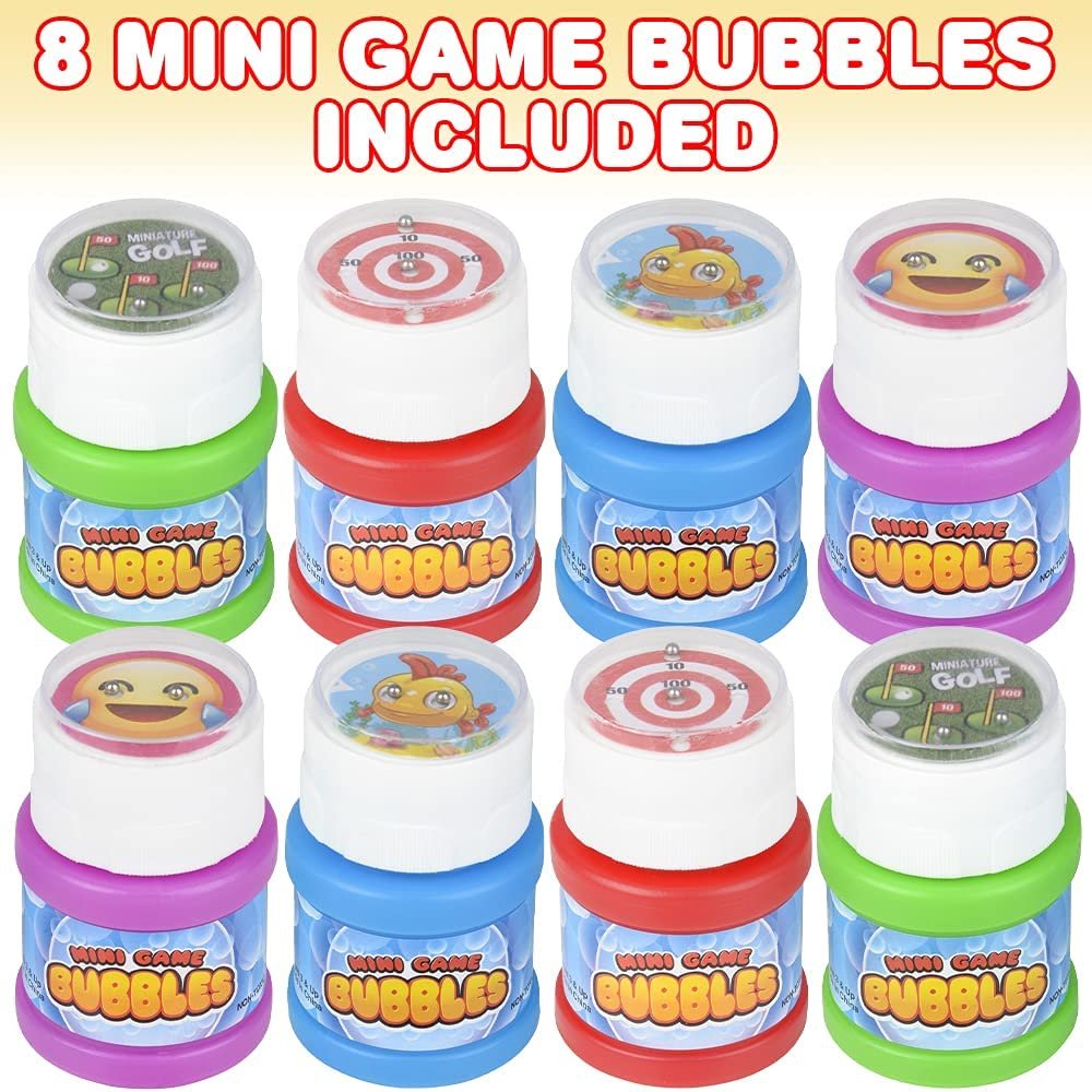 Mini Game Bubble Bottles , Set of 8, Kids Bubble Toys with Mini Game on Cap and Wand Inside, Bubble Maker Bottles for Indoor and Outdoor Play, Goodie Bag Fillers and Stocking Stuffers