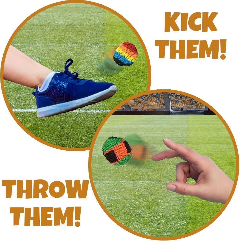Knit Kickballs for Kids, Set of 12, Cotton Kick Hacky Sacks in Assorted Colors and Patterns, Indoor and Outdoor Toys for Kids and Adults, Retro Office Toys, Goodie Bag Stuffers