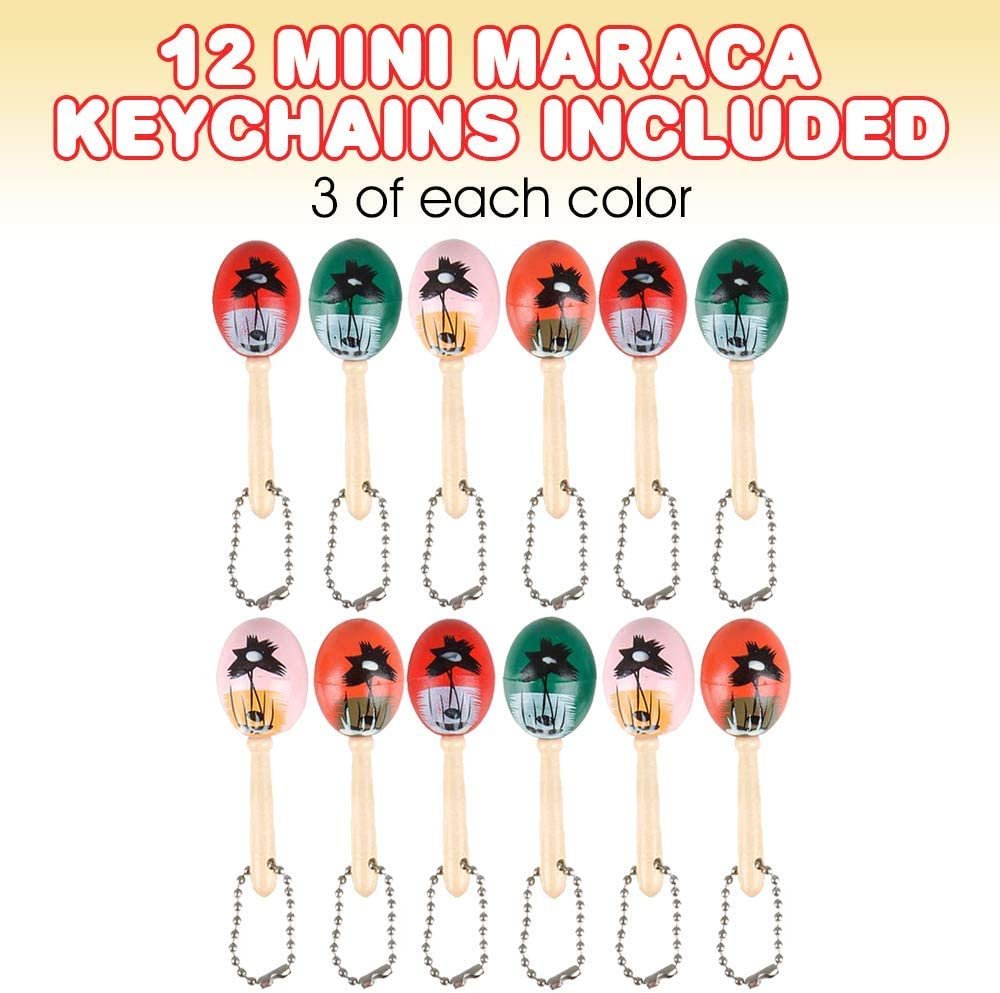 Mini Wooden Maraca Keychains, Pack of 12, Fun Musical Key Chains for Backpack, Purse, Luggage, Great Party Favors for Cinco De Mayo Celebrations, Goodie Bag Fillers, Small Prize for Kids