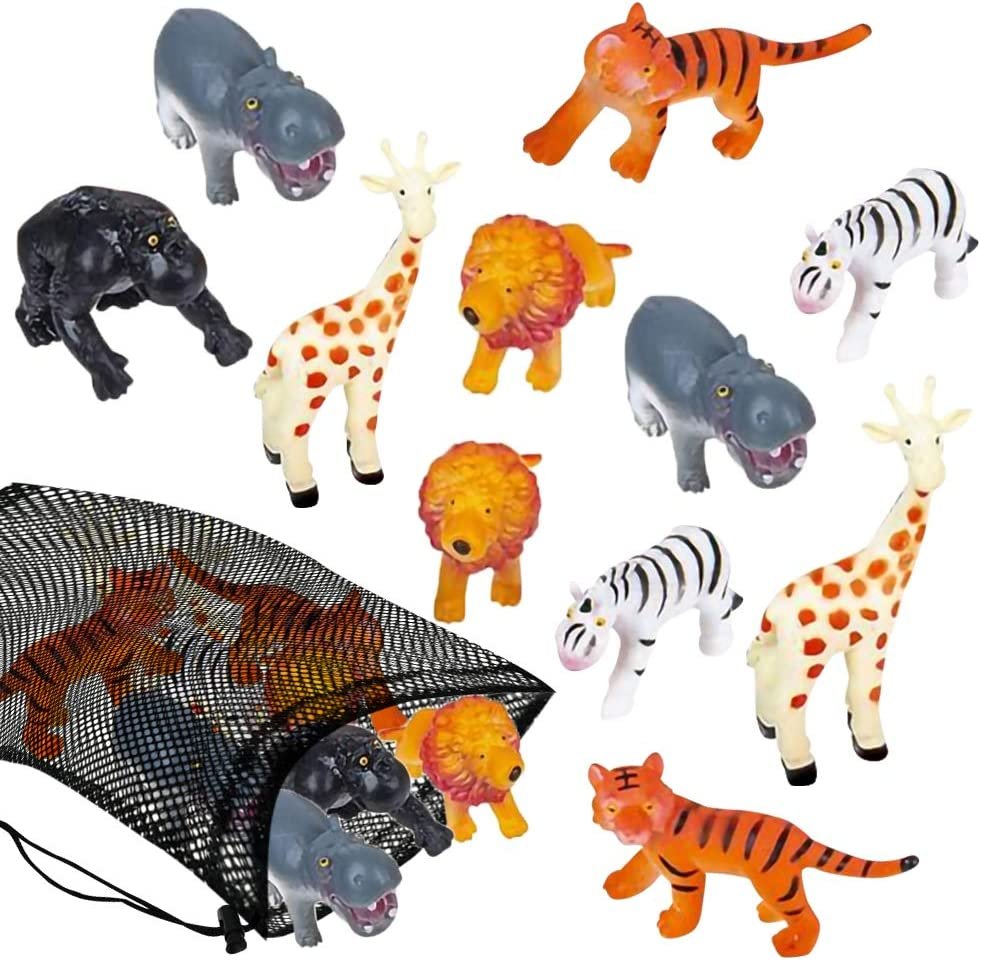 Safari Figures Assortment in Mesh Bag, Set of 12 Mini Animal Figurines in Assorted Designs, Fun Bath Water Playset for Kids, Party Favors for Boys and Girls