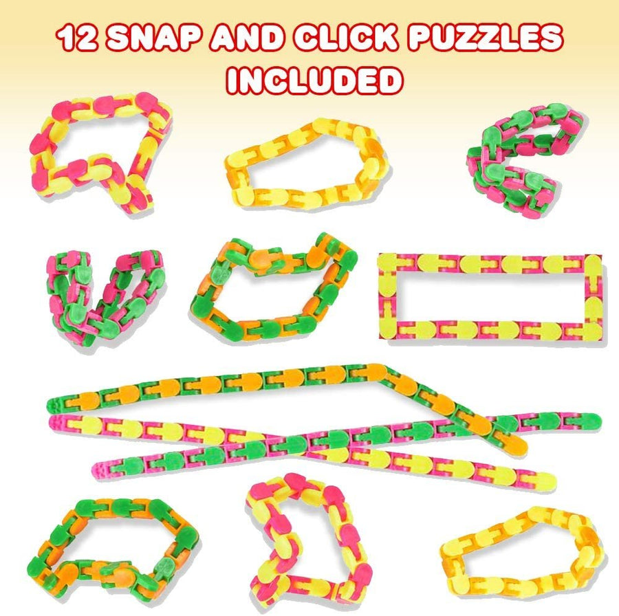 Snap and Click Puzzle Toys for Kids - Pack of 12 - Sensory Calming Fidget Toys for Children, Fun Birthday Party Favors and Goodie Bag Fillers for Boys and Girls