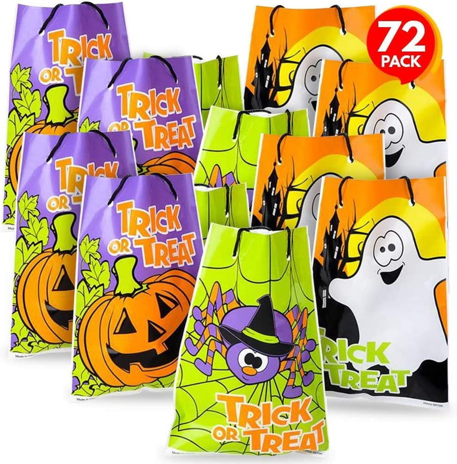 Halloween Trick or Treat Drawstring Bags, Set of 72, Durable Plastic Bags for Candy, Treats, & Gifts, 2 Colorful Designs, Halloween Party Favor Goodie Bags- No Style Choice Available