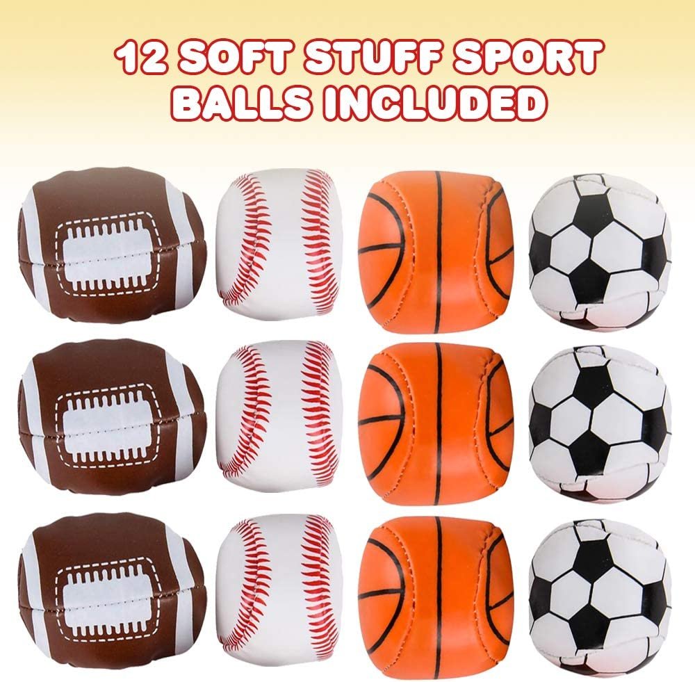 ArtCreativity Soft Stuff Sports Stress Balls, Set of 12, Includes Basketball, Football, Baseball, and Soccer Squeezable Anxiety Relief Balls, Cool Party Favors and Goodie Bag Fillers for Boys & Girls