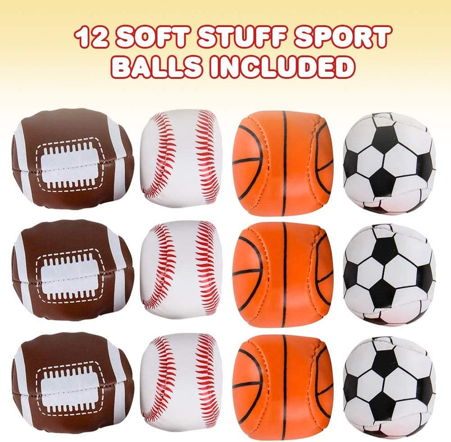 Soft Stuff Sports Stress Balls, Set of 12, Includes Basketball, Football, Baseball, and Soccer Squeezable Anxiety Relief Balls, Cool Party Favors and Goodie Bag Fillers for Boys & Girls