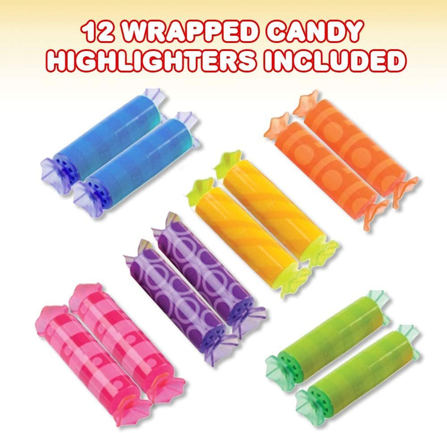 Wrapped Candy Highlighters for Kids, Set of 12, Assorted Fruit-Scented Highlighters, Cute Back to School Supplies, Stationery Party favors for Boys and Girls, Fun Office Gifts