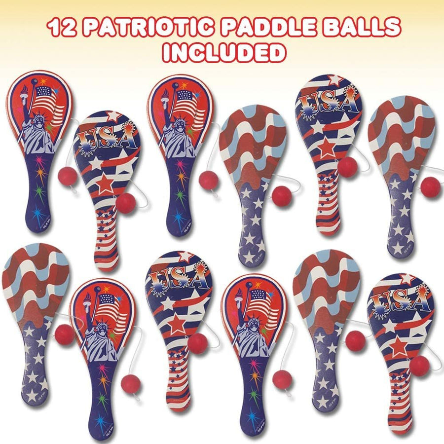 Assorted Patriotic Paddle Balls, Set of 12, American Flag Paddleball with String, July 4th Party Favors for Kids, Fun Activity Toys for Memorial, Veterans, and Independence Day