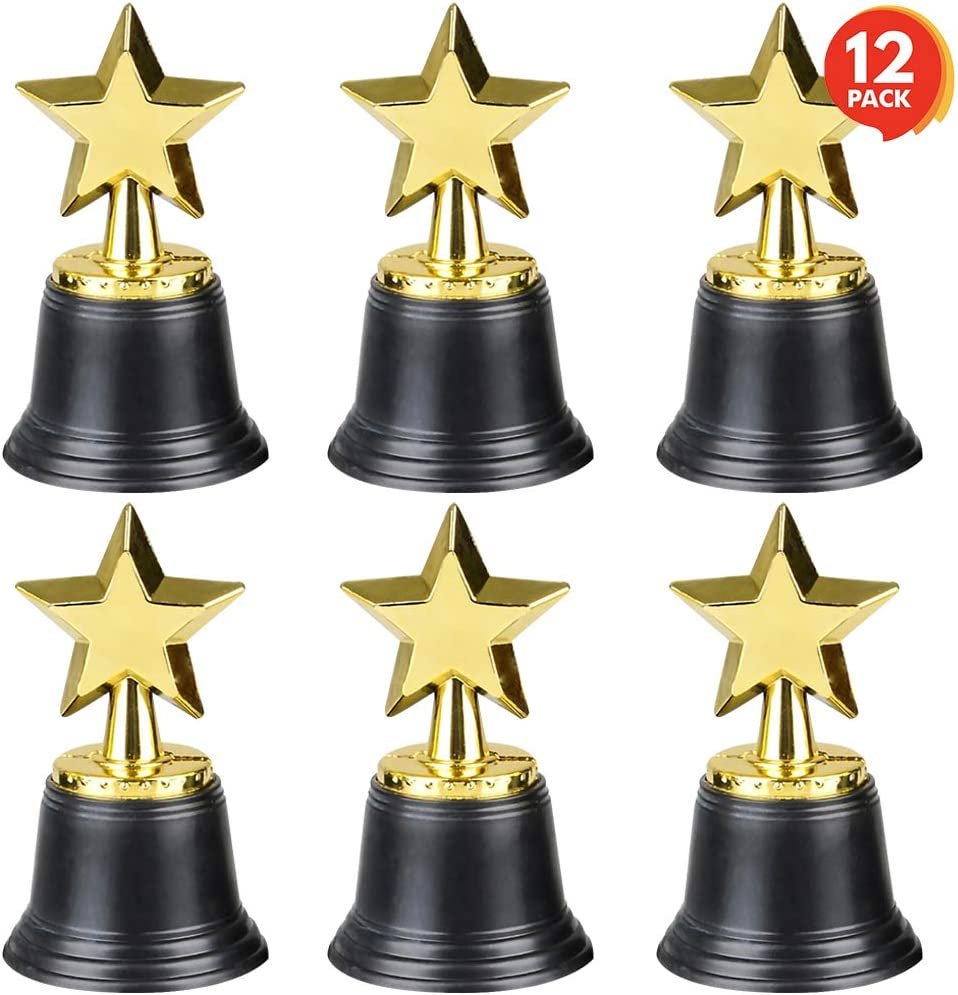 ArtCreativity Gold Plastic Star Trophies for Kids - Pack of 12 Golden Colored Trophy Set - 4.5 Inch Award Trophies for Football, Soccer, Baseball, Carnival Prize, Party Favors for Boys and Girls