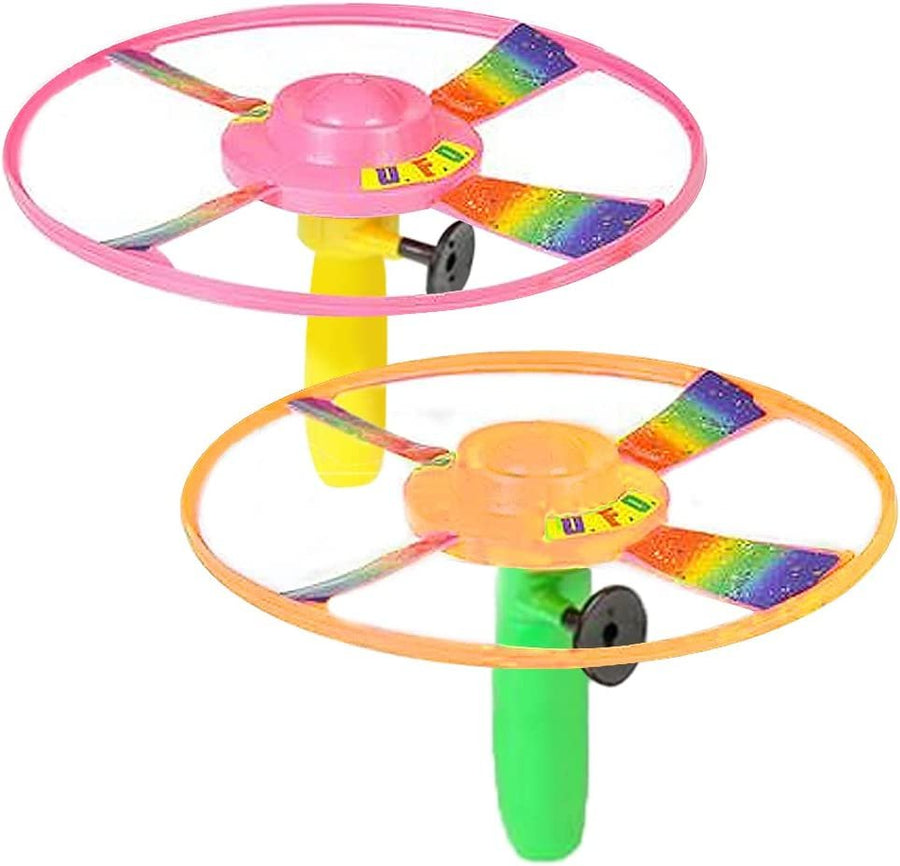 Pull Cord UFO Flying Saucers - Set of 2-10" Space Ship Toys - Fly Over 65 Feet - Birthday Party Favors, Gift Idea for Boys and Girls, Carnival and Contest Prize - Colors May Vary