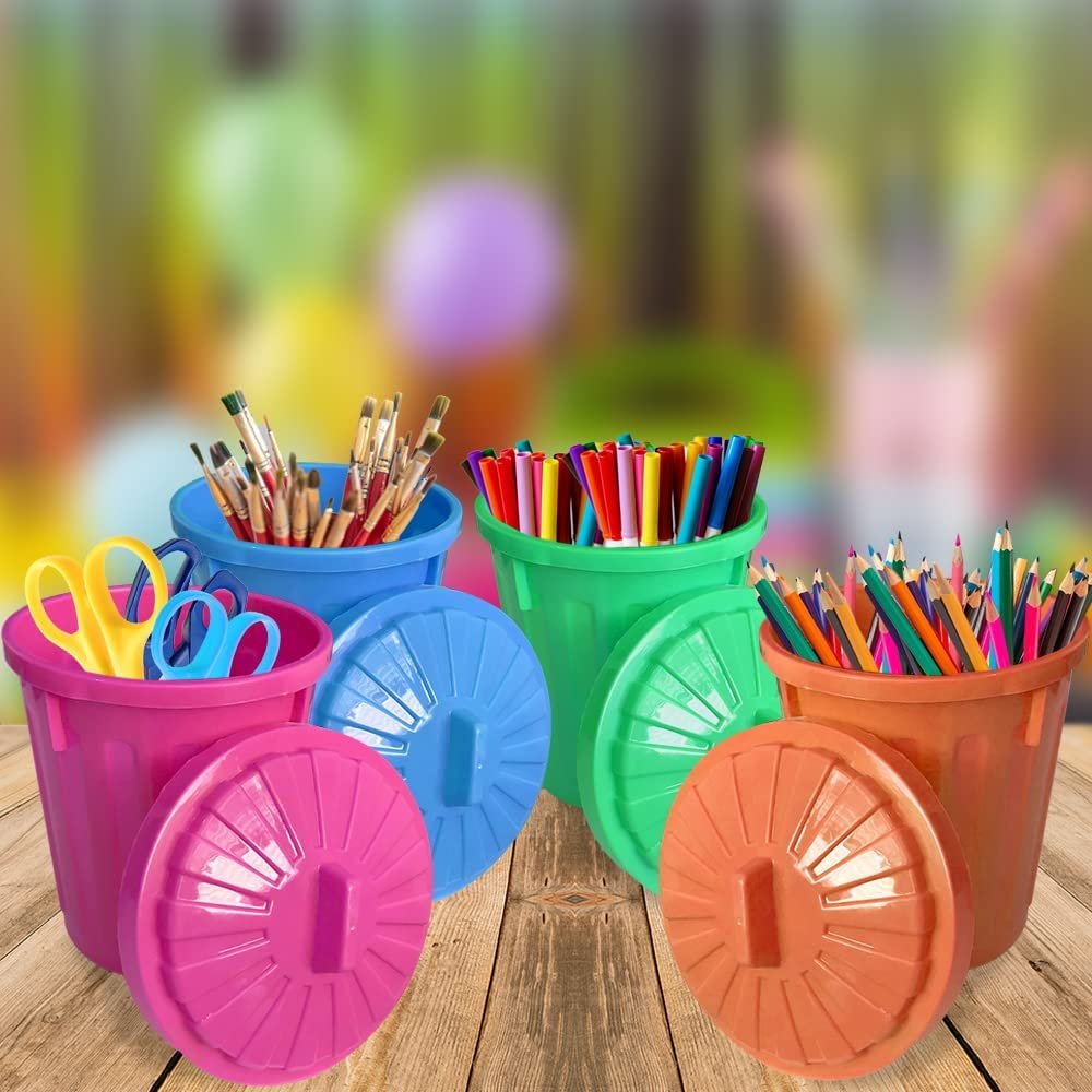 Large Trash Cans Set with Lids, Set of 4, Garbage Bin Toy in Assorted Neon Colors, Unique Desk Organizer, Birthday Party Favors for Kids, Cute Classroom Decor