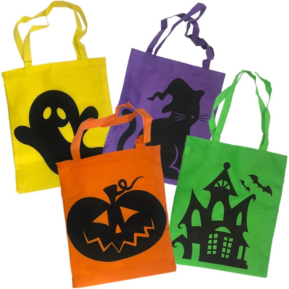 ArtCreativity Halloween Tote Bags, Set of 12, Durable Canvas Trick-or-Treat Bags for Candy, Treats, and Gifts, 4 Eye-Catching Designs, Halloween Party Favor Goodie Bags for Kids, 17 x 15 Inches