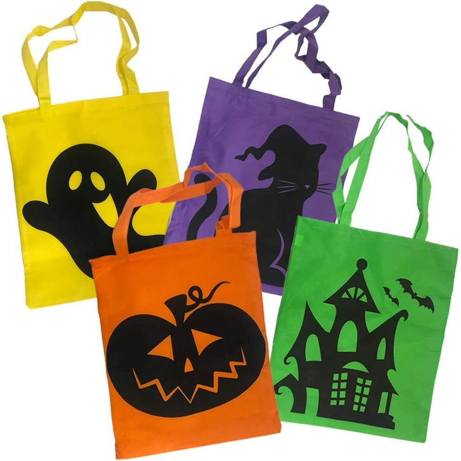 Halloween Tote Bags, Set of 12, Durable Canvas Trick-or-Treat Bags for Candy, Treats, and Gifts, 4 Eye-Catching Designs, Halloween Party Favor Goodie Bags for Kids, 17 x 15"es