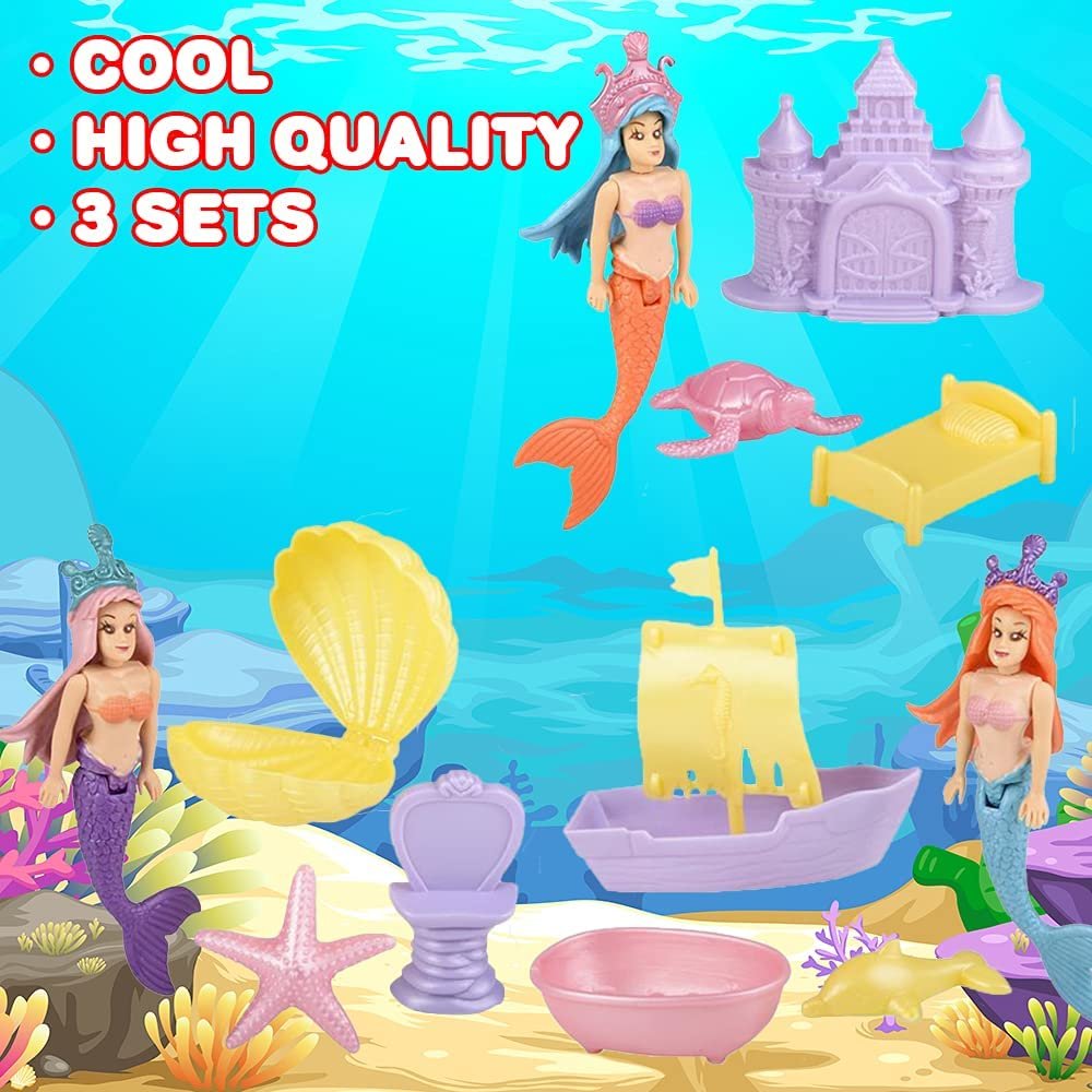 Princess Mermaid Doll Playset, Set of 3, Mermaid Toys for Girls and Boys with Doll, Castle, Shells, Mirror, Throne, and More, Princess Party Favors, Pretend Play Toys for Kids