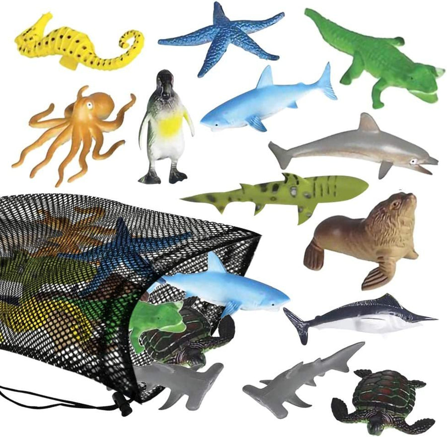 Aquatic Sea Animal Assortment in Mesh Bag, Pack of 12 Sea Creature Figurines in Assorted Designs, Bath Water Toys for Kids, Ocean Life Party Décor, Party Favors for Boys and Girls