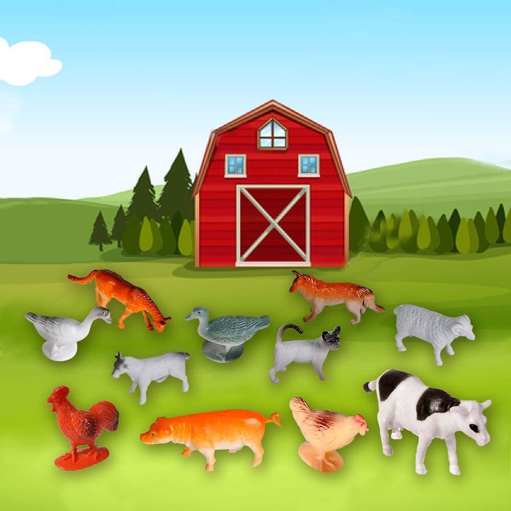 Mini Farm Animals Figurines -12 Pack - Small Plastic Barnyard Figures for Kids, Farm Themed Birthday Party Favors, Goody Bag Fillers, Great Playset for Boys and Girls