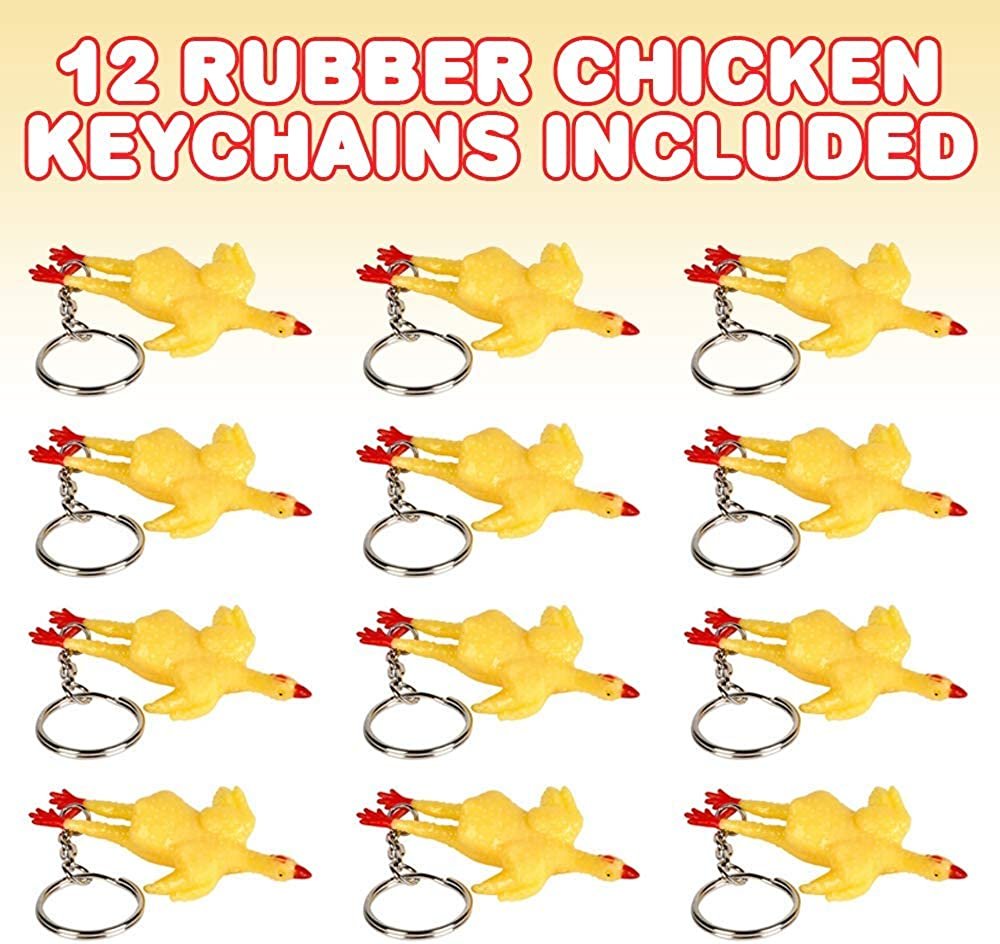 Rubber Chicken Keychains for Kids, Set of 12, Key Chains with Stretchy Chicken Fidget Toy, Stress Relief Toys for Kids and Adults, Keyholder Birthday Party Favors, Goodie Bag Fillers